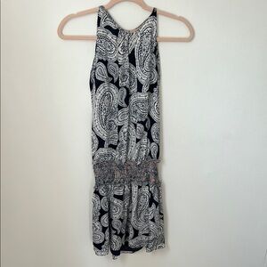Beautiful Ramy Brook 100% Silk Navy White and Peach Paisley Dress Ruched Waist